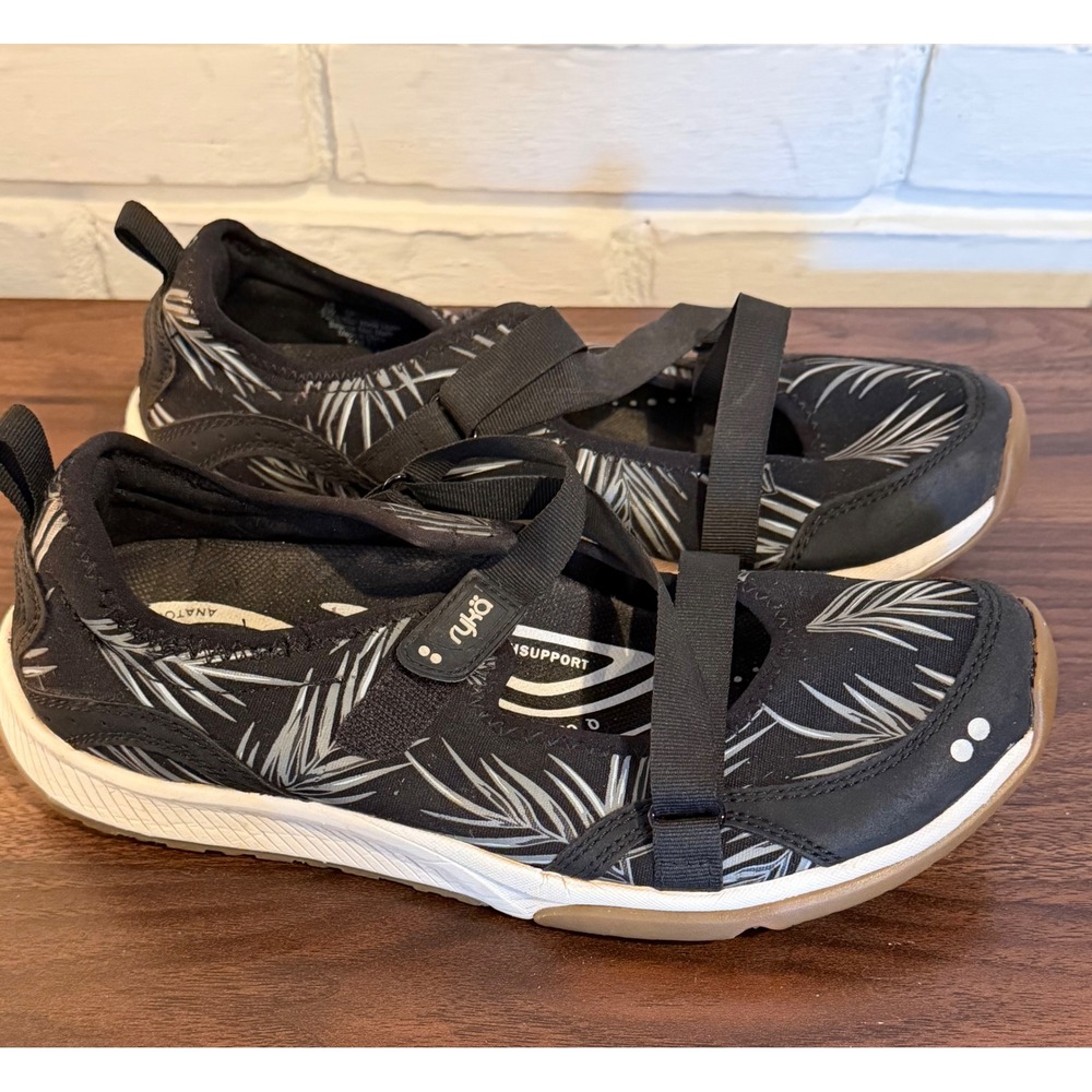 Ryka Kailee Womens 8W Black Palm Leaf Print Mary Jane Athletic Walking Shoes